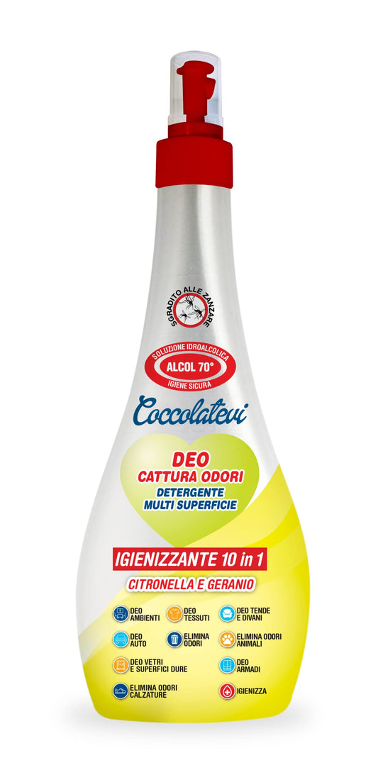 COCCOLATEVI Deo 10 in 1 Citronella e Geranio 300 ml Cattura Odori, Detergente Igienizzante Multi Superficie con Alcol 50°, Igienizza, Pulisce, Deodora e Profuma