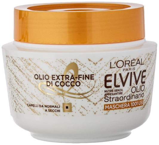 l'Oréal Paris Maschera Nutriente Elvive Olio Straordinario Olio Fine di Cocco per Capelli da Normali a Secchi - 300 ml, 1 pezzo