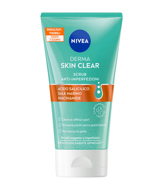 NIVEA Derma Skin Clear Scrub Viso Anti-Imperfezioni 150 ml, Scrub esfoliante per la cura della pelle grassa e mista con Acido Salicilico, Sale Marino e Niacinamide, Esfoliante viso e corpo purificante