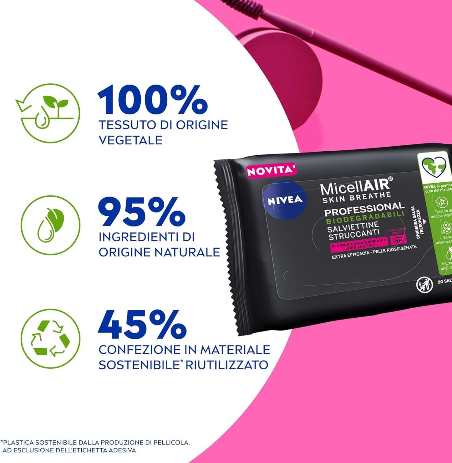 NIVEA MicellAir Professional Salviettine Struccanti in Confezione da 6 x 20 Pezzi, Salviette Struccanti per Trucco Waterproof, Salviettine Viso con Ingredienti Vegetali