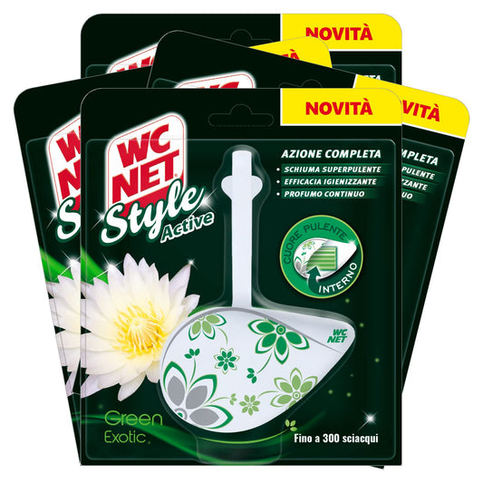 Wc Net - Tavoletta Style Active, Detergente Igienizzante Solido per WC, Fragranza Green Exotic, 4 Pezzi
