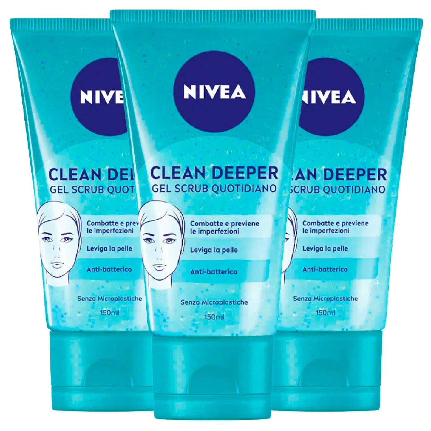 NIVEA Clean Deeper Gel Scrub Quotidiano Esfoliante per Punti Neri Antibatterico con Estratto di Magnolia e Acido Lattico - 3 Flaconi da 150ml