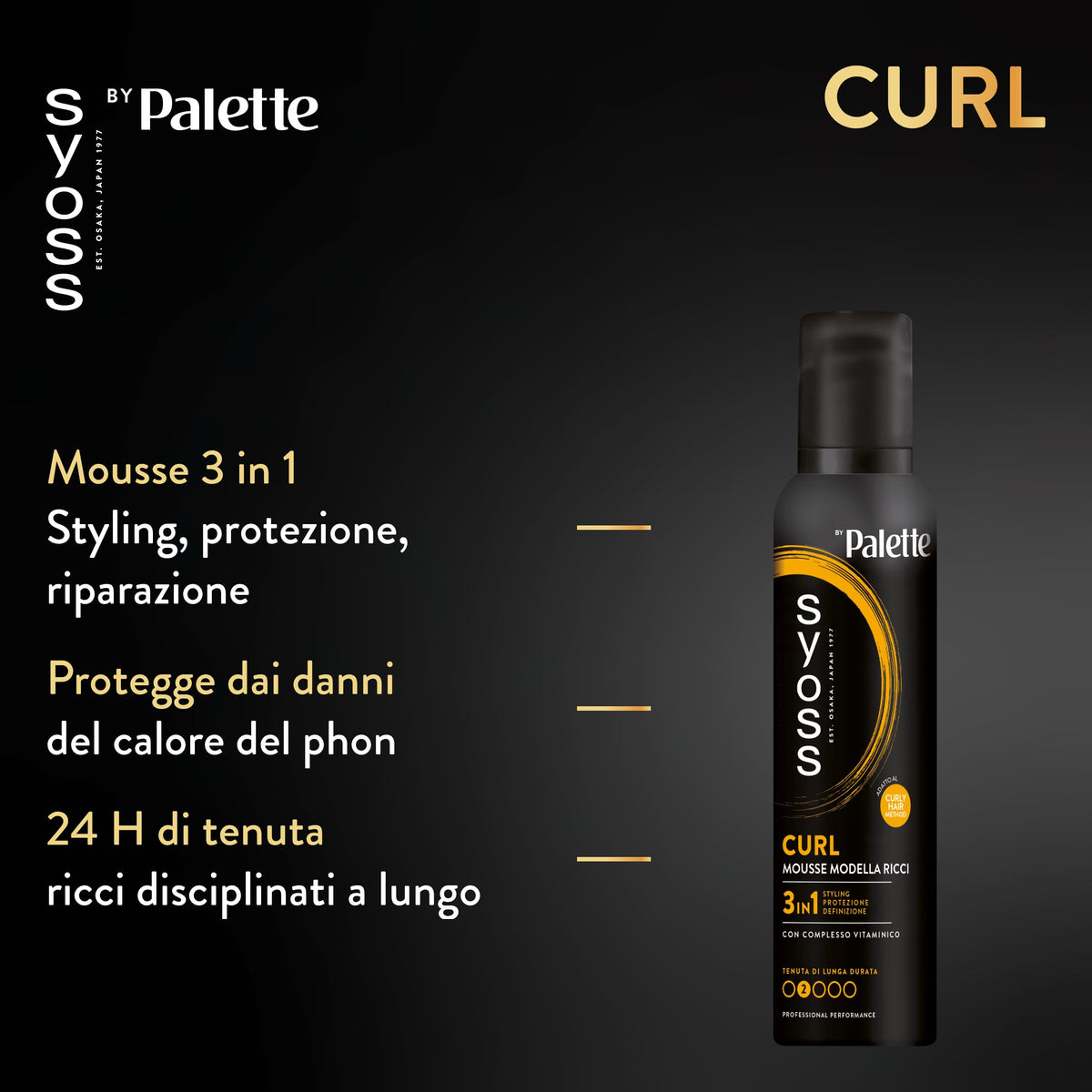 Syoss Palette Curl Mousse Modella Ricci 250 ml, Schiuma capelli ricci 3-in-1 che acconcia, protegge e ripara, Spuma capelli ricci con complesso vitaminico adatta per il 'Curly Hair Method'