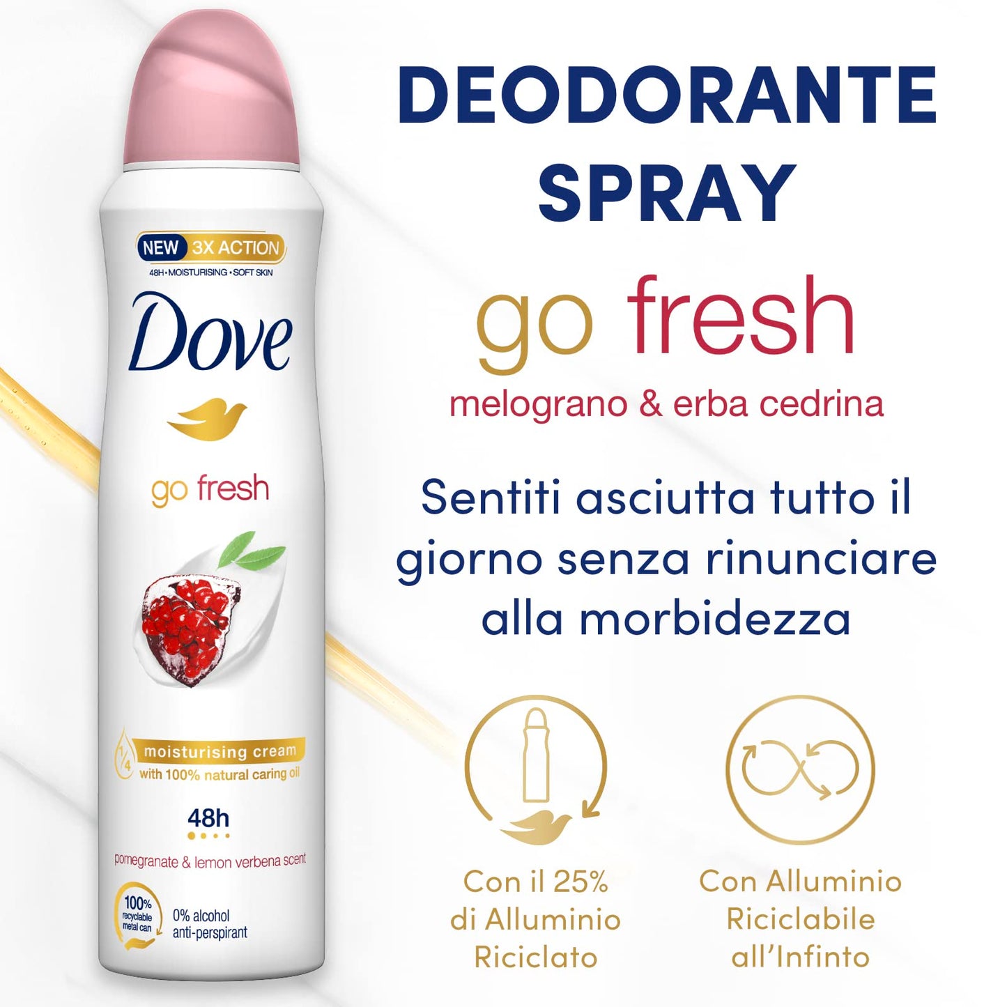 Dove, Go Fresh Deodorante Spray Melograno, con 1/4 Crema Idratante, Antitraspirante, Senza Alcool, Pelle Asciutta Fino a 48 Ore, Profumazione al Melograno, Deodorante Uomo e Donna, 6 Pezzi da 150 ml