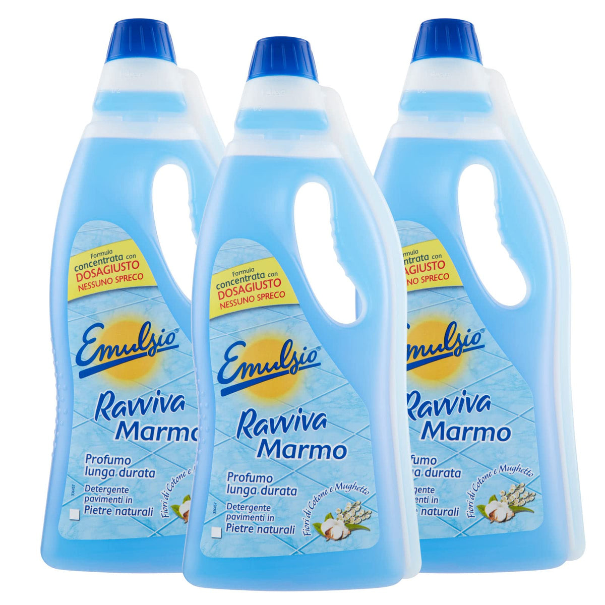 3x Emulsio Ravviva Marmo Detergente Pavimenti in Pietre Naturali ai Fiori di Cotone e Mughetto - 3 Flaconi da 750ml ognuno