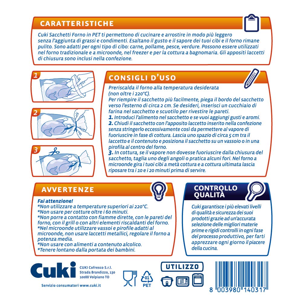 Cuki Sacchetti Forno cottura dietetica - 25 x 38 cm - 1 confezione da 8 pezzi