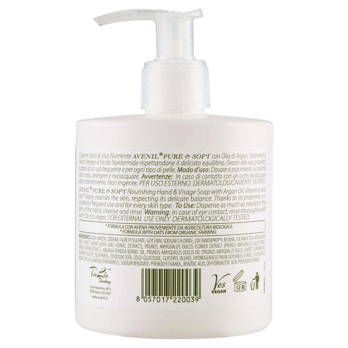Avenil Pure & Soft Sapone Mani e Viso Nutriente Argan & Vitamina E, 300ml