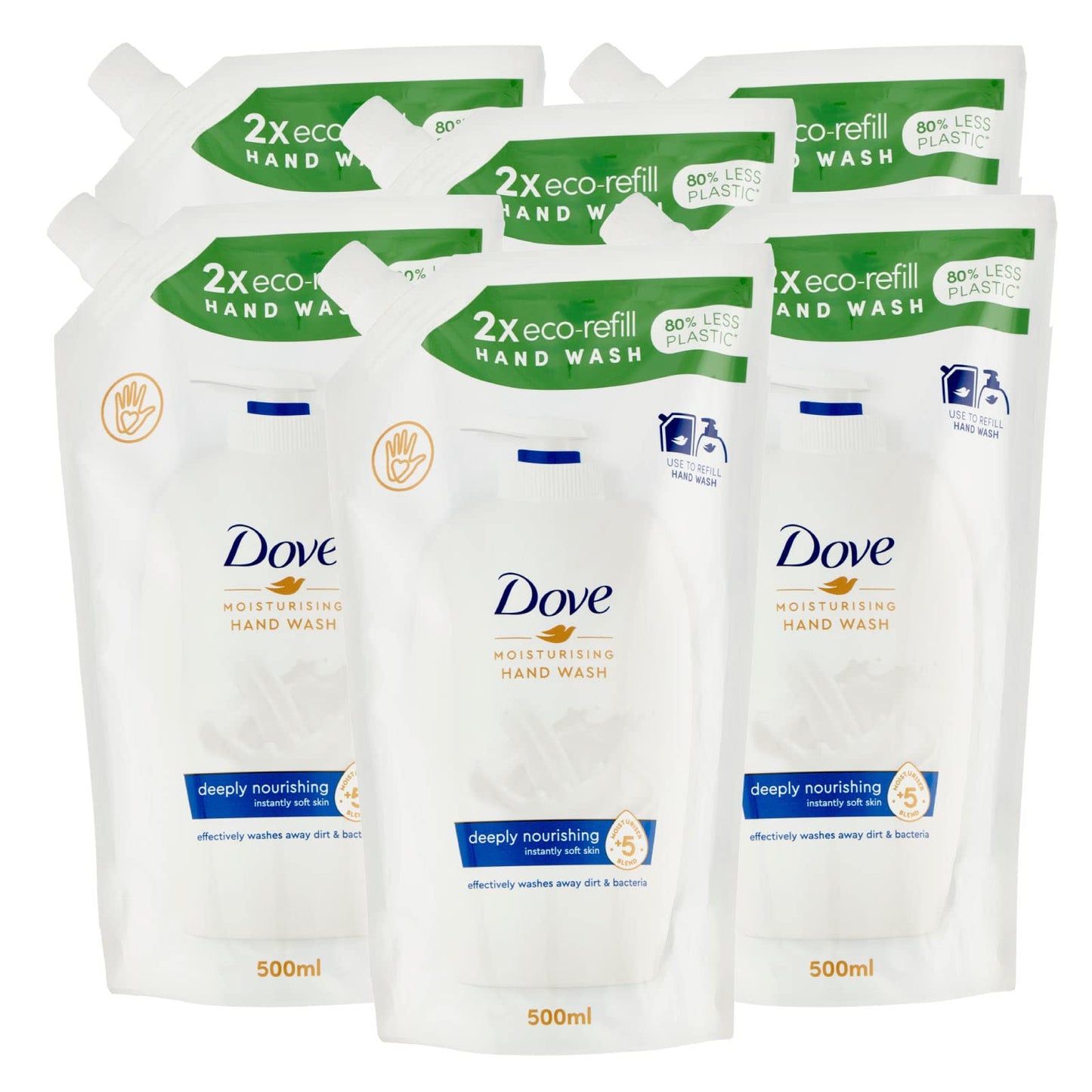6x Dove Eco-Ricarica Nutrimento Profondo Detergente Liquido Idratante Sapone Mani Effetto Rivitalizzante - 6 Ricariche da 500ml