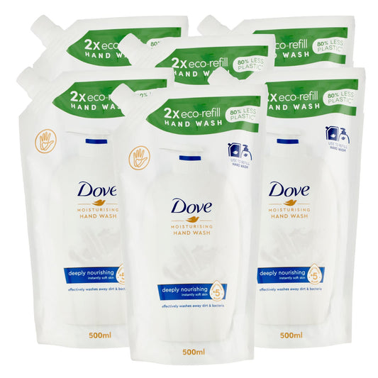 6x Dove Eco-Ricarica Nutrimento Profondo Detergente Liquido Idratante Sapone Mani Effetto Rivitalizzante - 6 Ricariche da 500ml