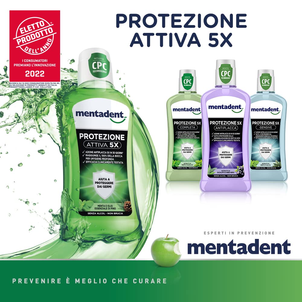 Mentadent Collutorio Protezione 5x Antiplacca con CPC per una protezione antibatterica per la bocca, 6 pezzi da 400 ml