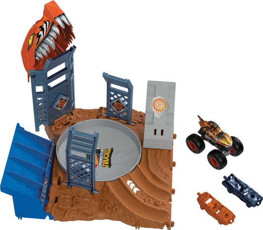 Hot Wheels - Hot Wheels Monster Trucks Arena degli Scontri, Sfida in Testacoda con Tiger Shark, playset con un truck e 2 macchinine da distruggere, giocattolo per bambini 4+ Anni, HNB93