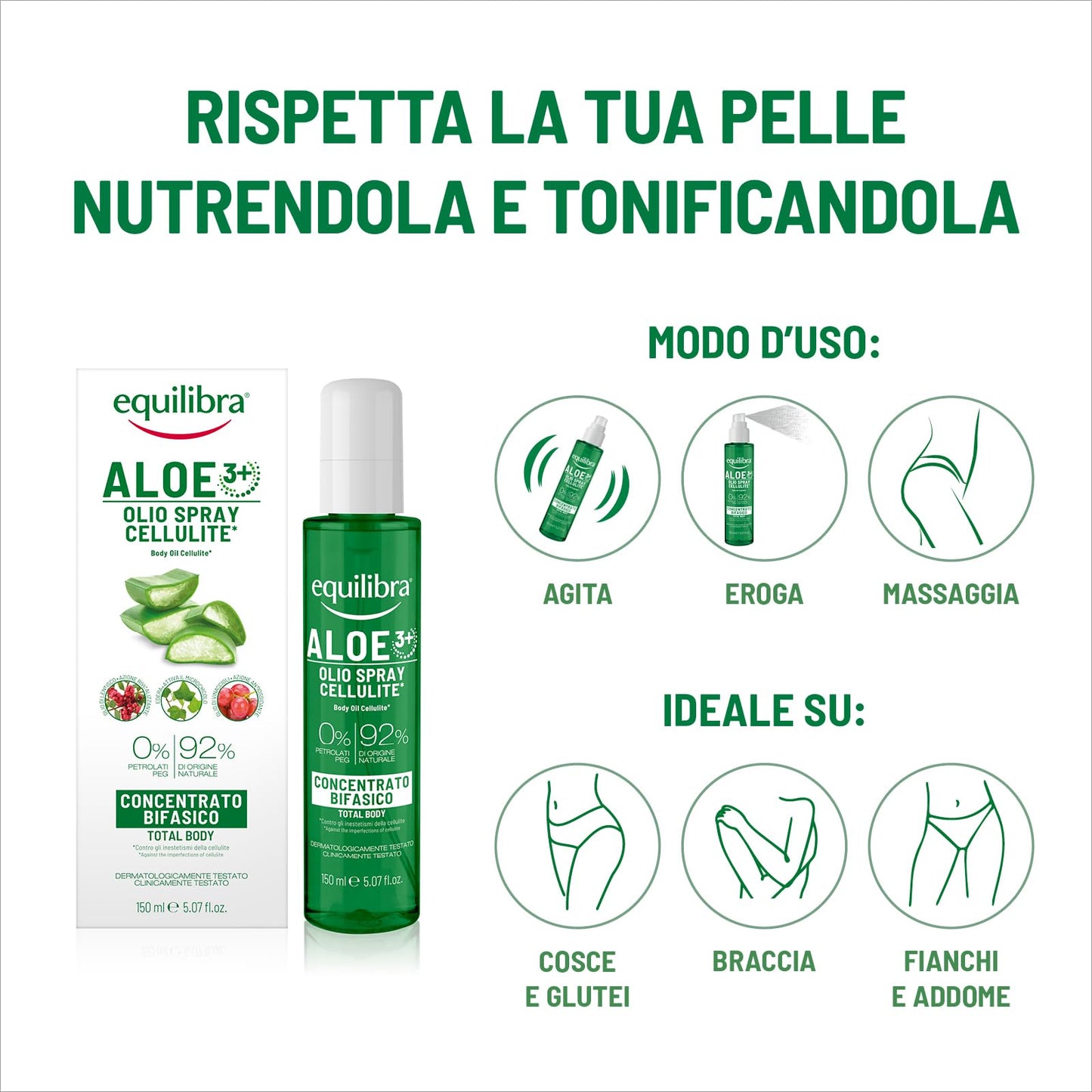 Equilibra, Olio Corpo Cellulite* Concentrato Bifasico, 150ml, con Aloe Vera Equilibra, Attivo Vegetale da Microalga, Estratto di Ippocastano, Olio di Lentisco, Olio di Vinaccioli, ed Edera