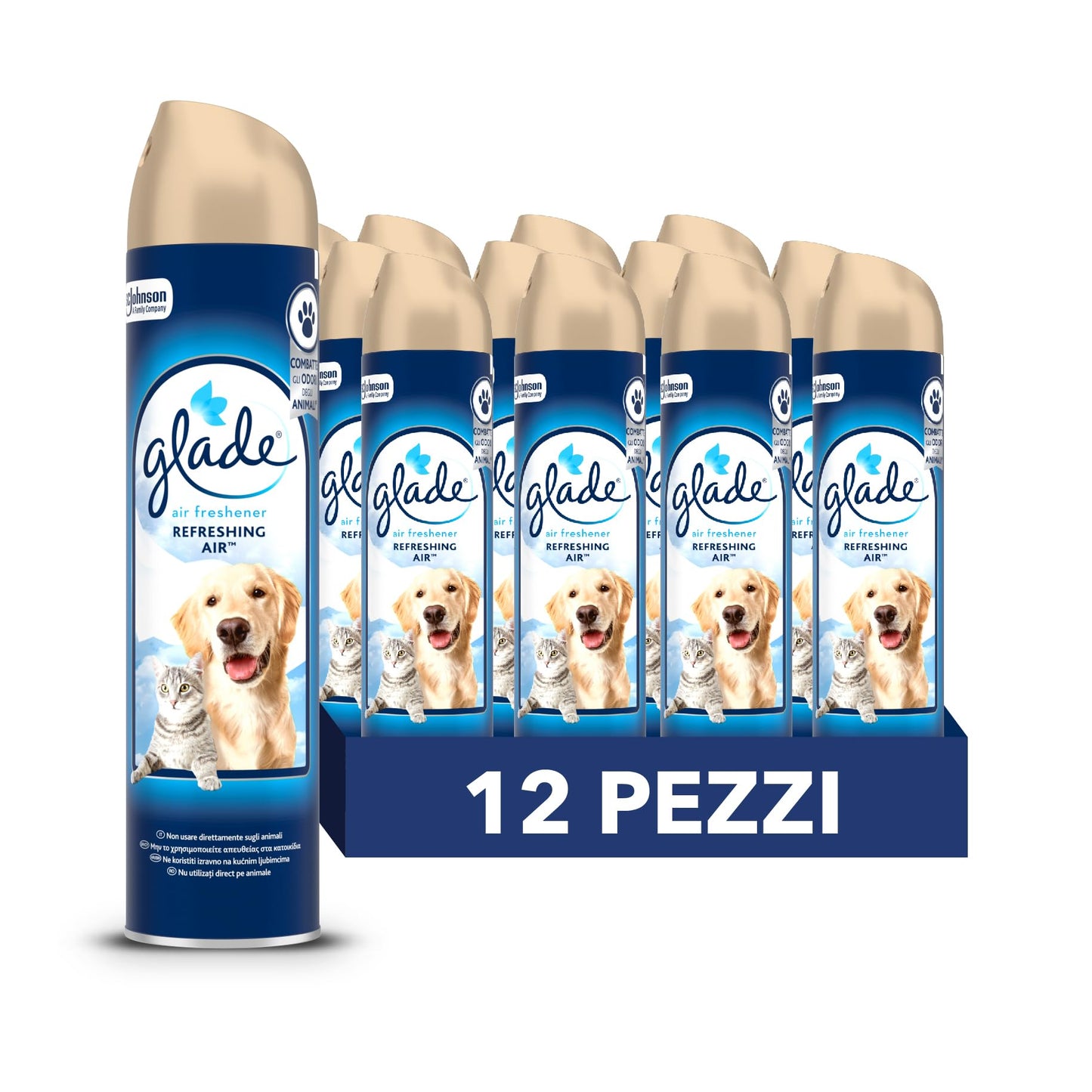 Glade Deodorante per Ambienti Spray, Fragranza Refreshing Air, Combatte gli odori degli animali domestici, 12 Spray da 300ml