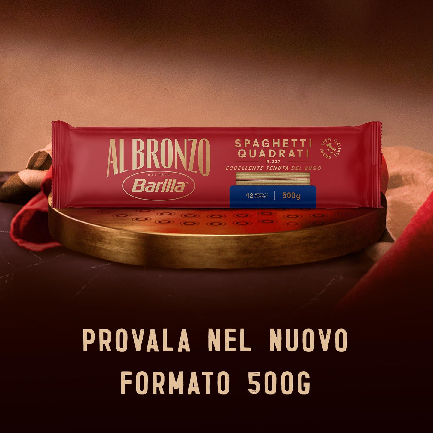 Barilla Pasta Al Bronzo Spaghetti Quadrati 100% Grano Italiano, Pasta Trafilata Al Bronzo con Lavorazione al Bronzo Grezzo, Spesso e Corposo, Alta Tenuta di Sugo e Cottura, 24 Confezioni da 500 g