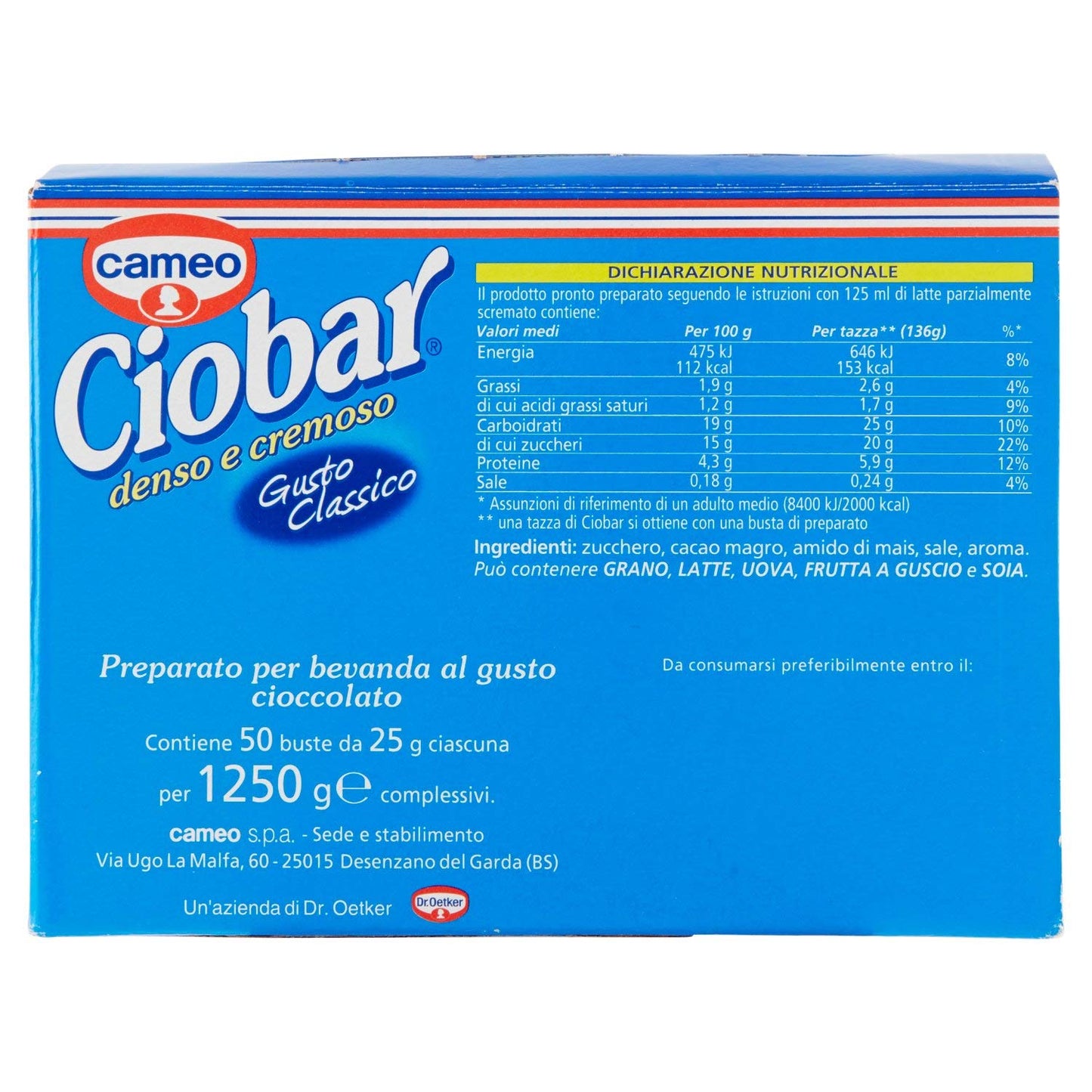 Cameo Ciobar Classico Cioccolato Bevanda Calda Box Espositore da 50 Buste