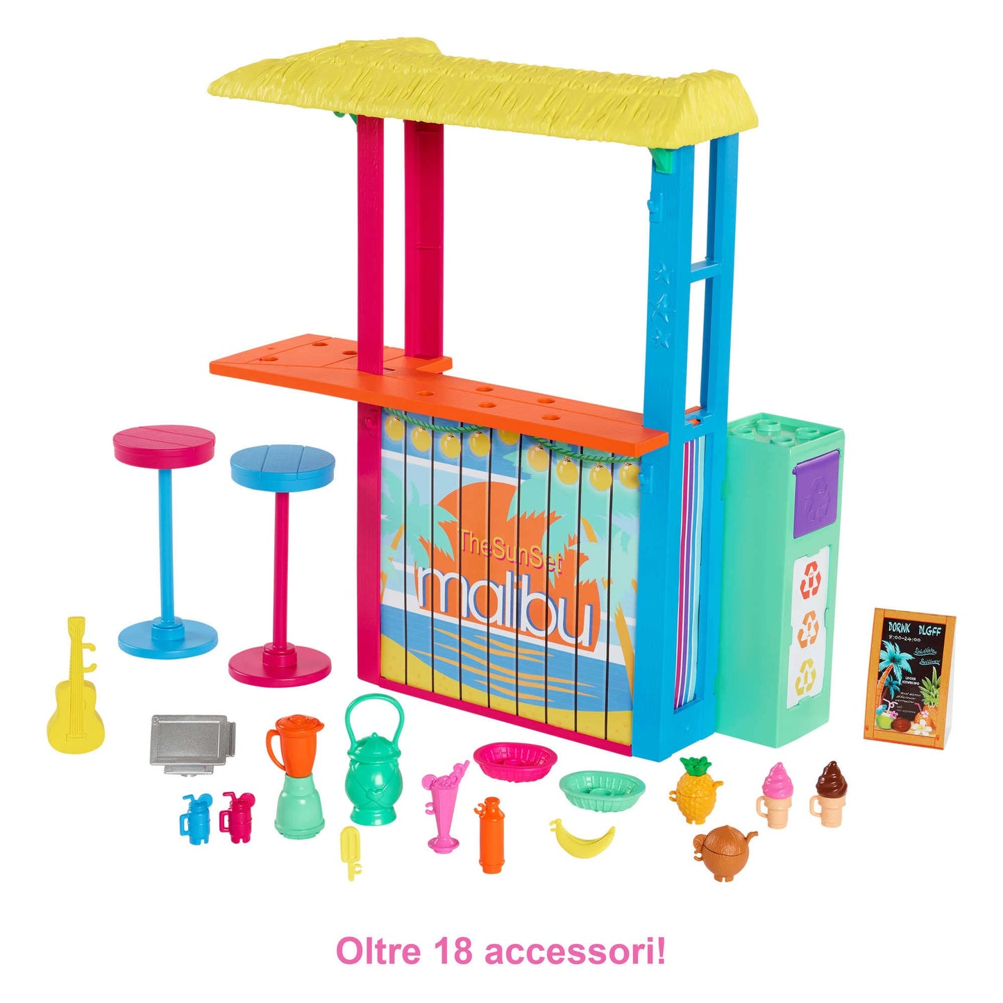 Barbie- Chiosco da Spiaggia di Malibù con 2 Sedute per Bambole e Tanti Accessori, Giocattolo per Bambini 3+Anni, GYG23
