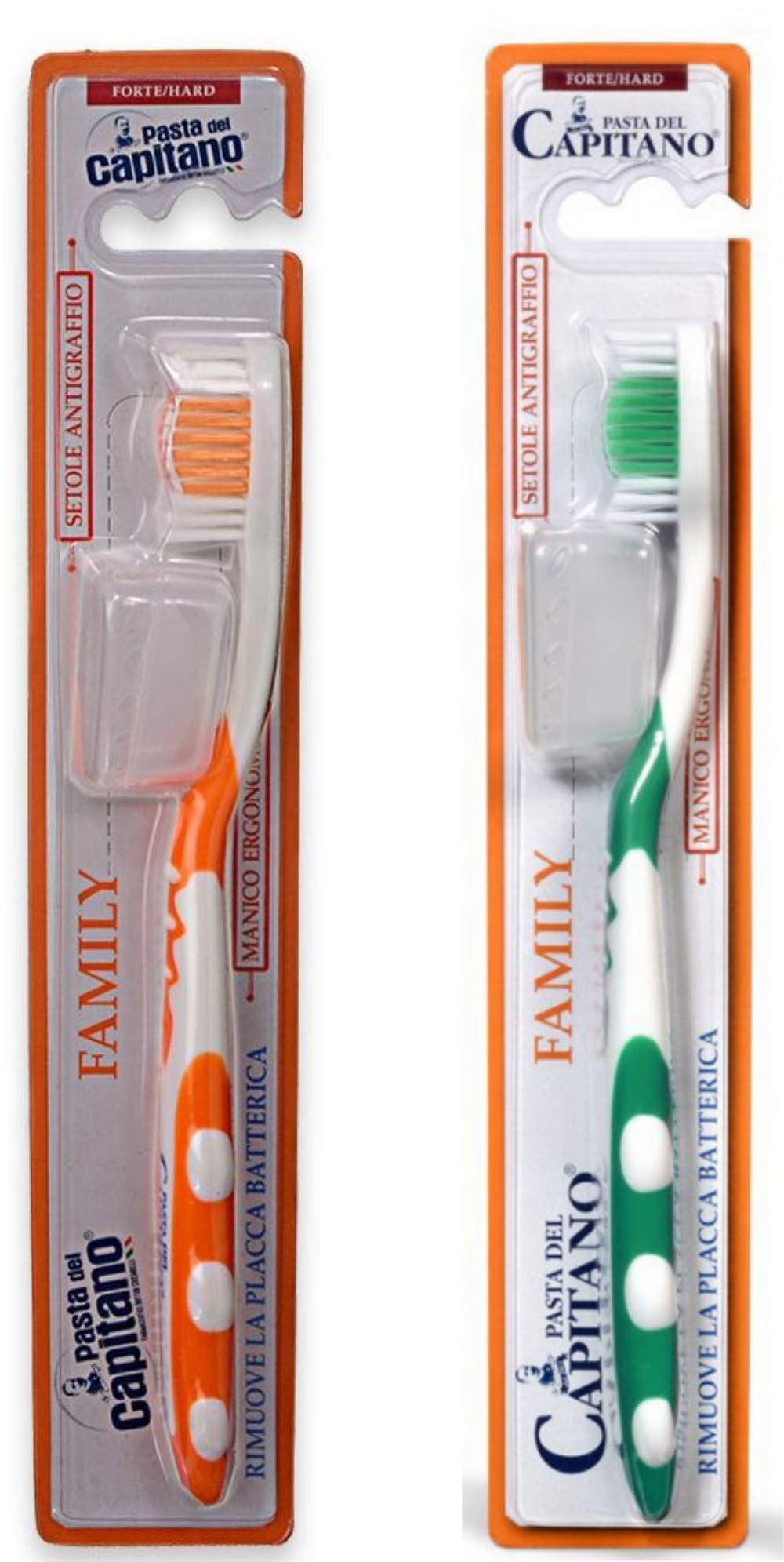 Pasta del Capitano Spazzolino da denti forte verde e arancione, confezione da 2