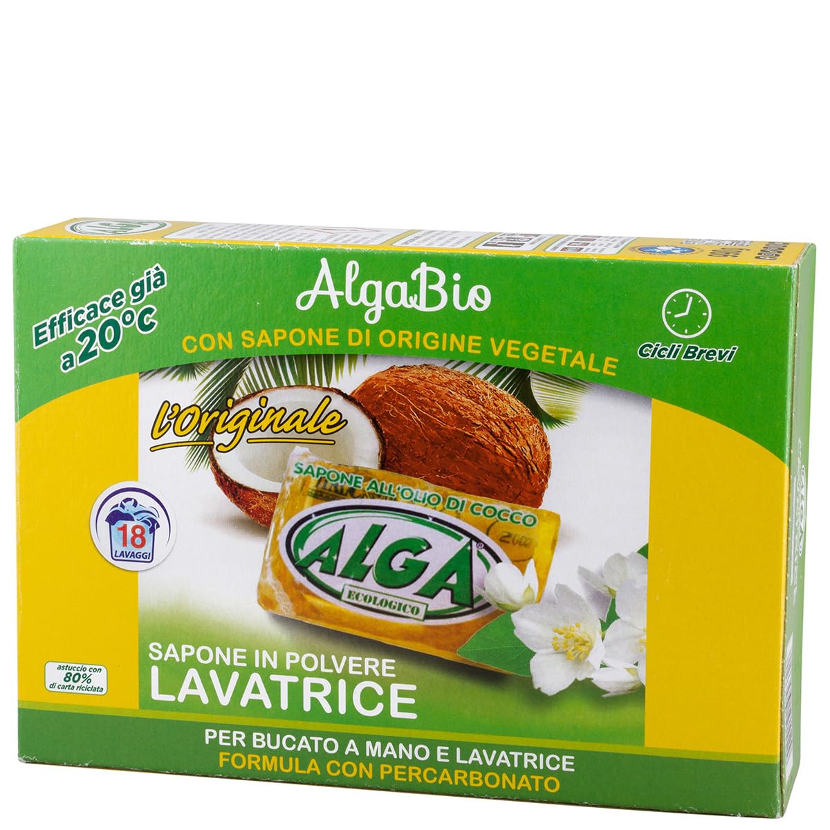 ALGA BIO - Sapone in Polvere per Lavatrice Detergente Concentrato per Bucato Vestiti Cotone e Tessuti Sintetici, Adatto per Lavaggio Capi a Mano e in Lavatrice 990gr x 8