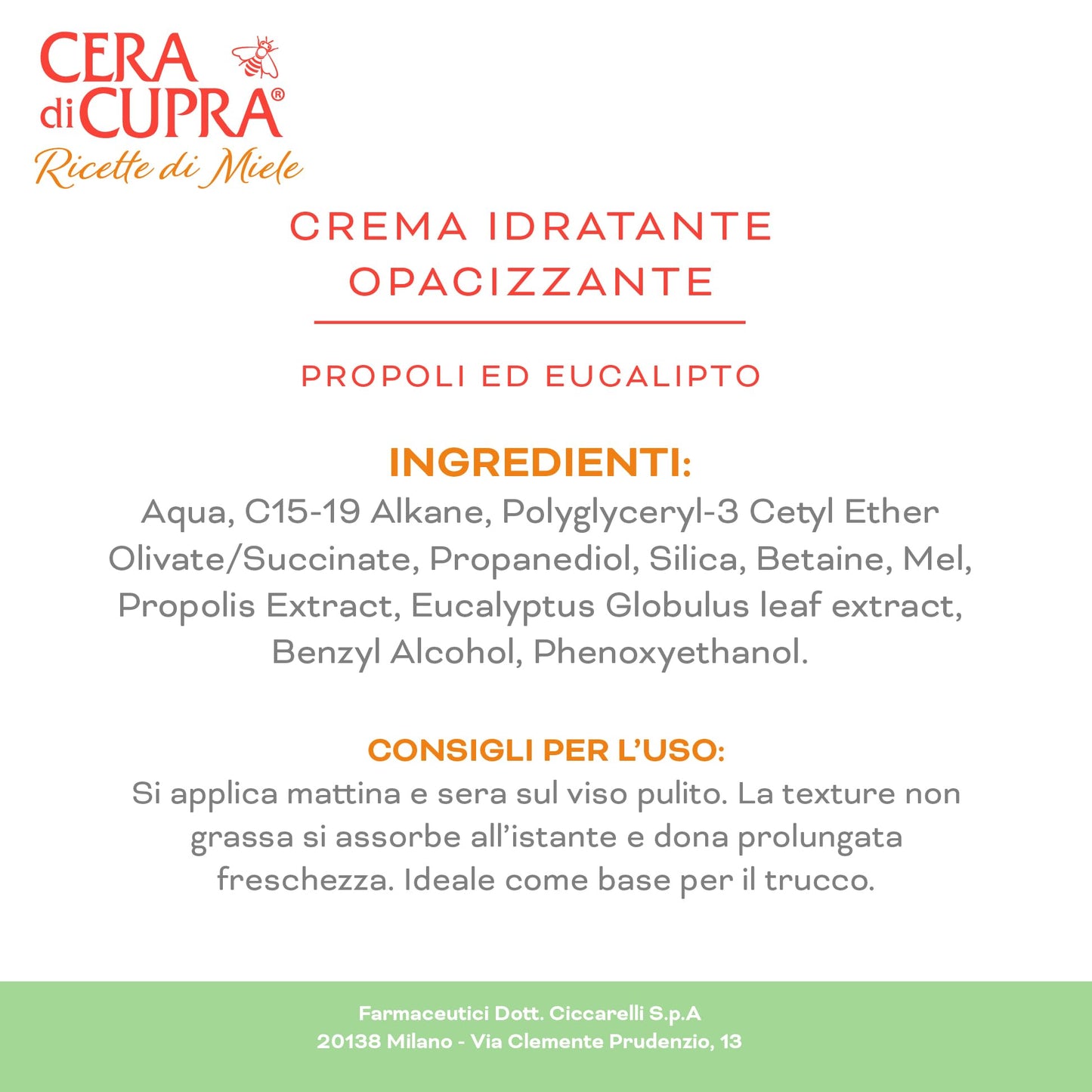Cera di Cupra, Crema Idratante Opacizzante, Crema Fresca e Leggera, Assicura il Giusto Grado di Idratazione alla Pelle, Made in Italy, Dermatologicamente Testata, Vasetto da 50 ml