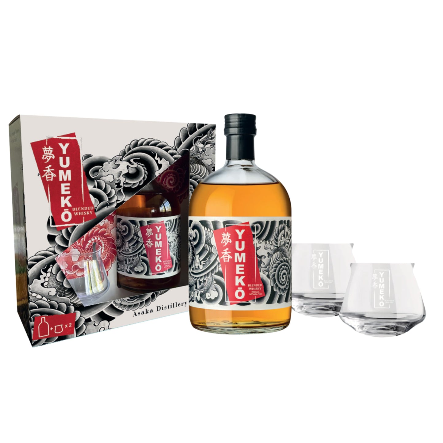 Yumeko Whisky, 700 ml, Whisky Giapponese, Confezione Regalo con 2 Bicchieri da Degustazione, Fermentazione 96h, Doppia Distillazione, Invecchiamento in Botti di Quercia Americana e Bourbon, 40% vol.