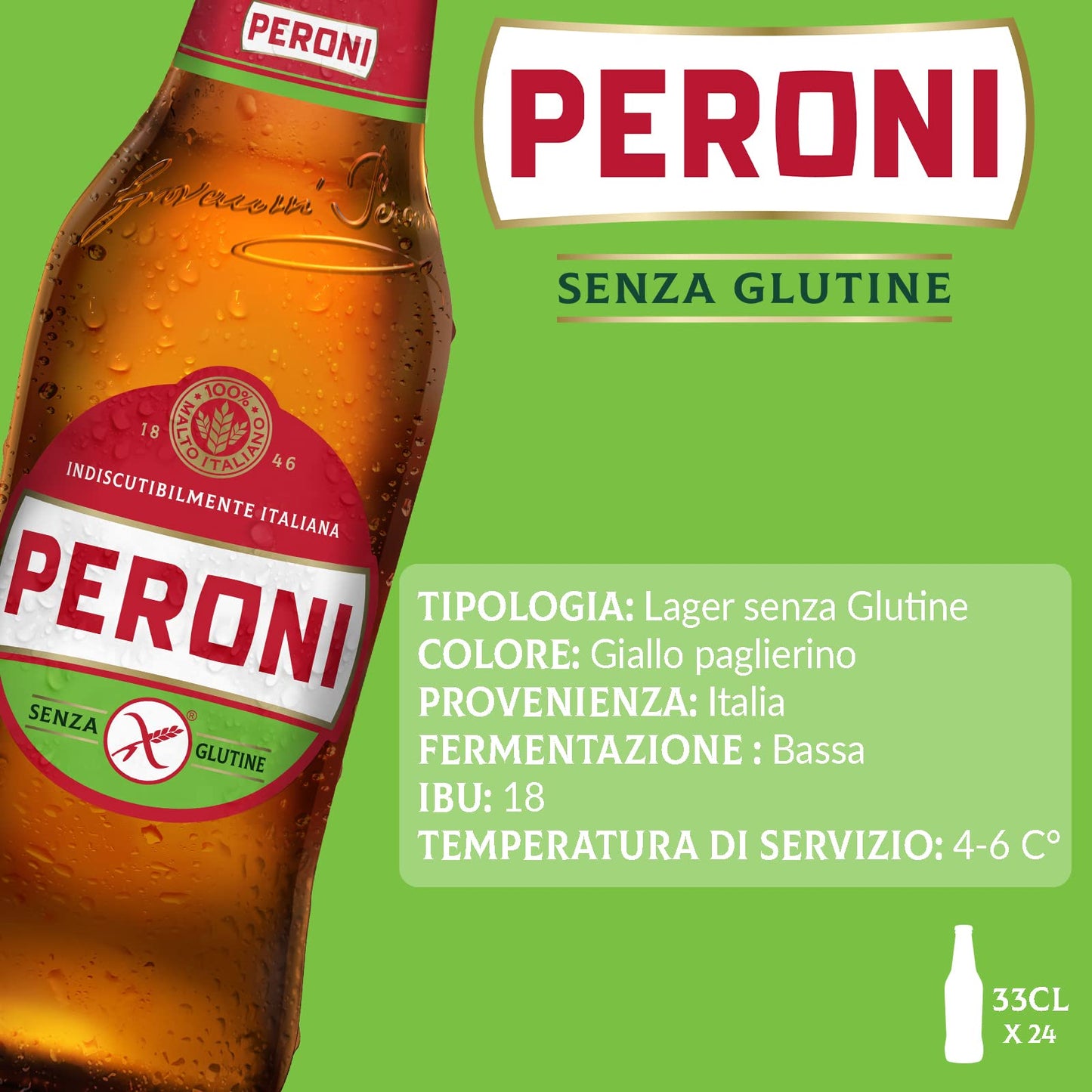 Peroni Birra Senza Glutine, Cassa Birra con 24 Birre in Bottiglia da 33 cl, 7.92 L, Gusto Moderatamente Amaro, Gradazione Alcolica 4.7% Vol