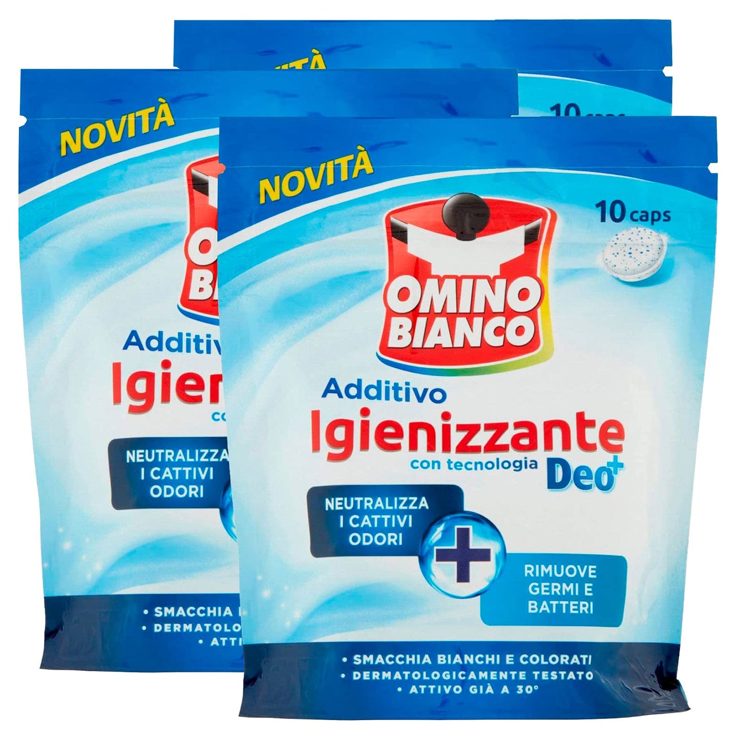 Omino Bianco - Additivo Igienizzante Idrocaps, Capsule Idrosolubili per Bucato, Tecnologia Deo+, Contro Batteri e Cattivi Odori, 3 Confezione x 10 Caps