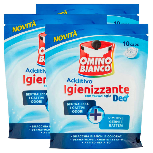 Omino Bianco - Additivo Igienizzante Idrocaps, Capsule Idrosolubili per Bucato, Tecnologia Deo+, Contro Batteri e Cattivi Odori, 3 Confezione x 10 Caps
