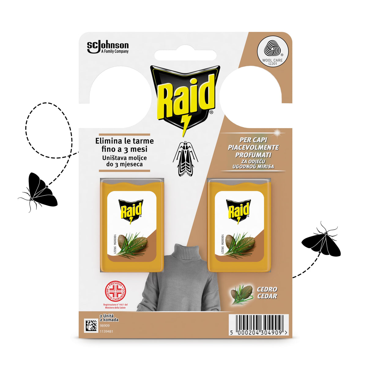Raid Anti Tarme Gel Vestiti, Per Capi Piacevolmente Profumati, Fragranza al Cedro, 2 Pezzi
