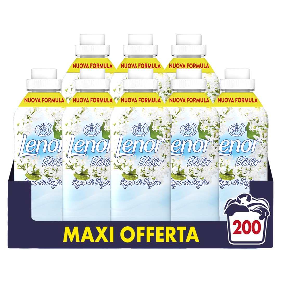 Lenor Elisir Ammorbidente Lavatrice Concentrato, 200 Lavaggi (8X25), Sogno Di Puglia, Freschezza Di Lunga Durata E Morbidezza Di Origine Vegetale, Lenzuola Profumate Fino A 1 Settimana