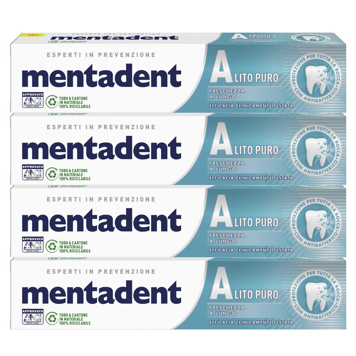 4x Mentadent Alito Puro Dentifricio con Microcapsule Purificanti - 4 Flaconi da 75 ml ognuno