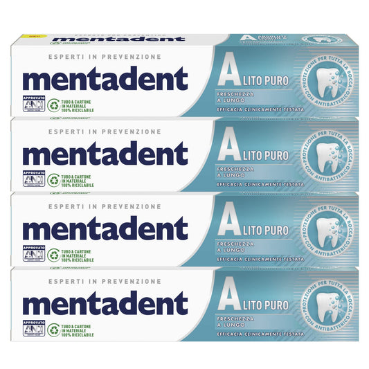 4x Mentadent Alito Puro Dentifricio con Microcapsule Purificanti - 4 Flaconi da 75 ml ognuno