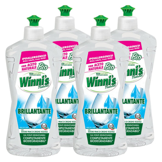 Winni's Naturel Brillantante per Lavastoviglie con Aceto Naturale Bio Ipoallergenico Materie Prime Origine Vegetale Completamente Biodegradabili - 4 Flaconi da 250ml