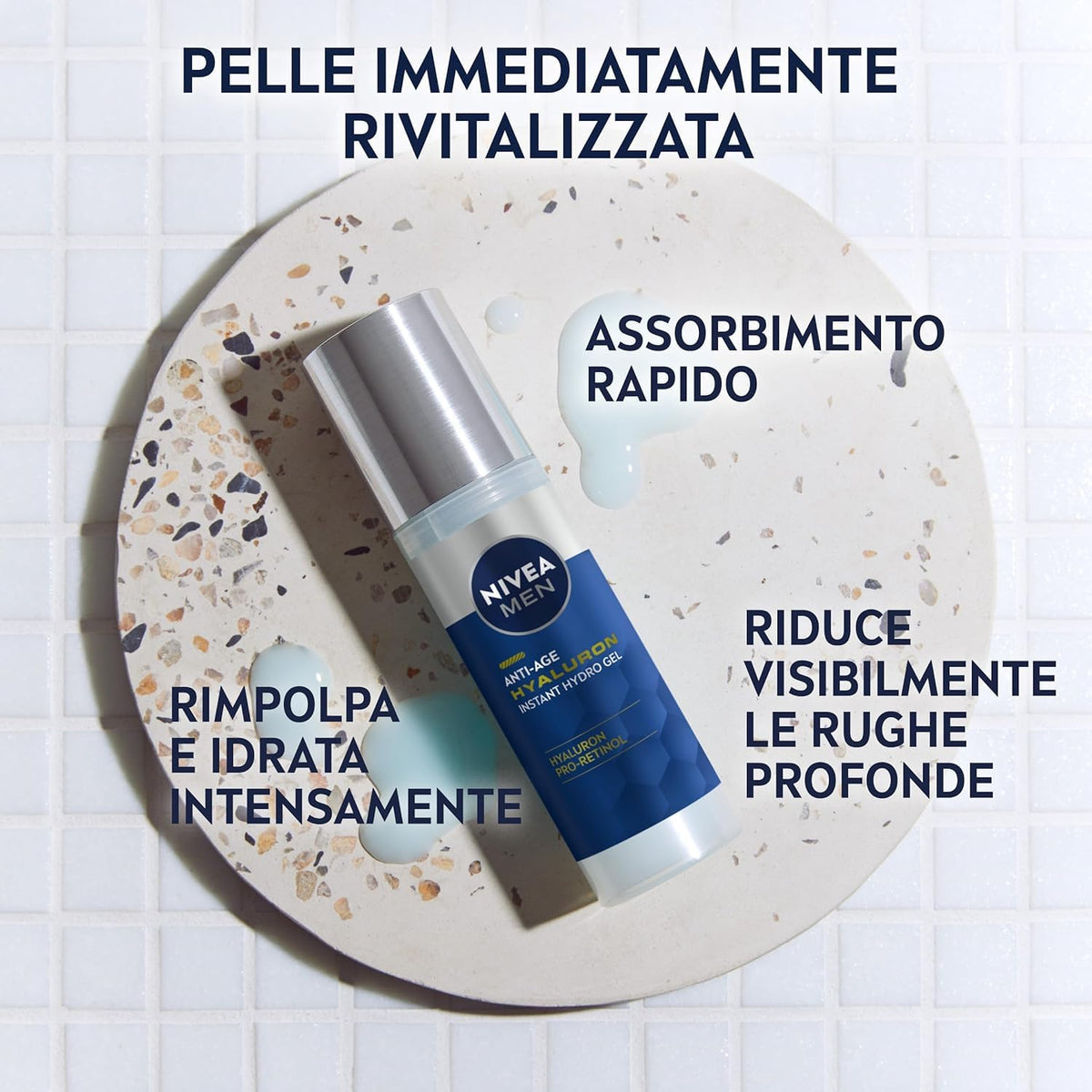 NIVEA MEN Anti-Age Hyaluron Hydro Gel Viso Uomo 50ml, Crema Viso uomo in gel per pelli mature, Crema viso acido ialuronico in gel idratante, rivitalizzante e rinfrescante