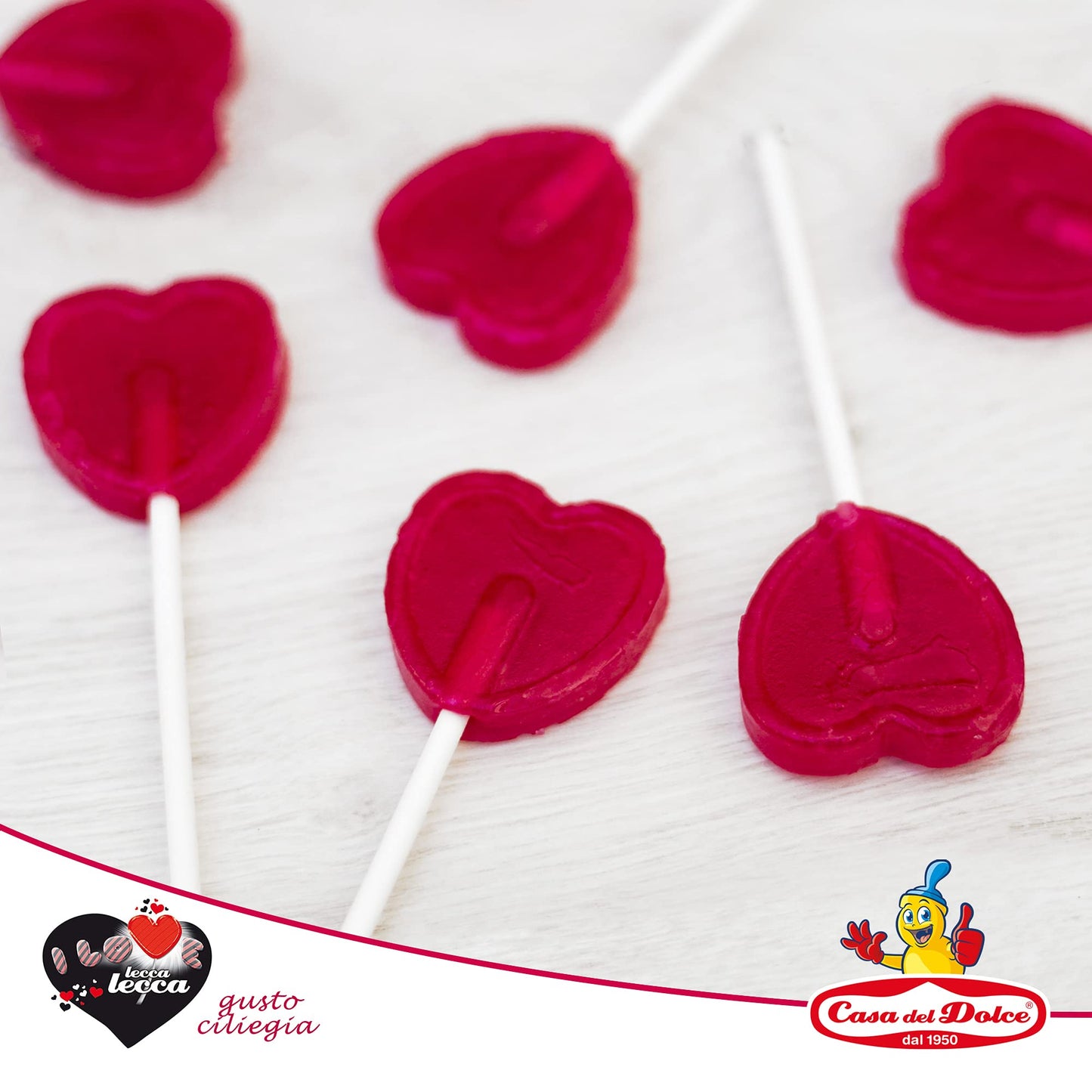 CASA DEL DOLCE Lecca Cuore Piccolo, Lecca Lecca a Forma di Cuore, Gusto Ciliegia, Box da 200 Pezzi, Incartati Singolarmente, Made in Italy, Senza Lattosio, Senza Glutine, Idee Regalo per Feste