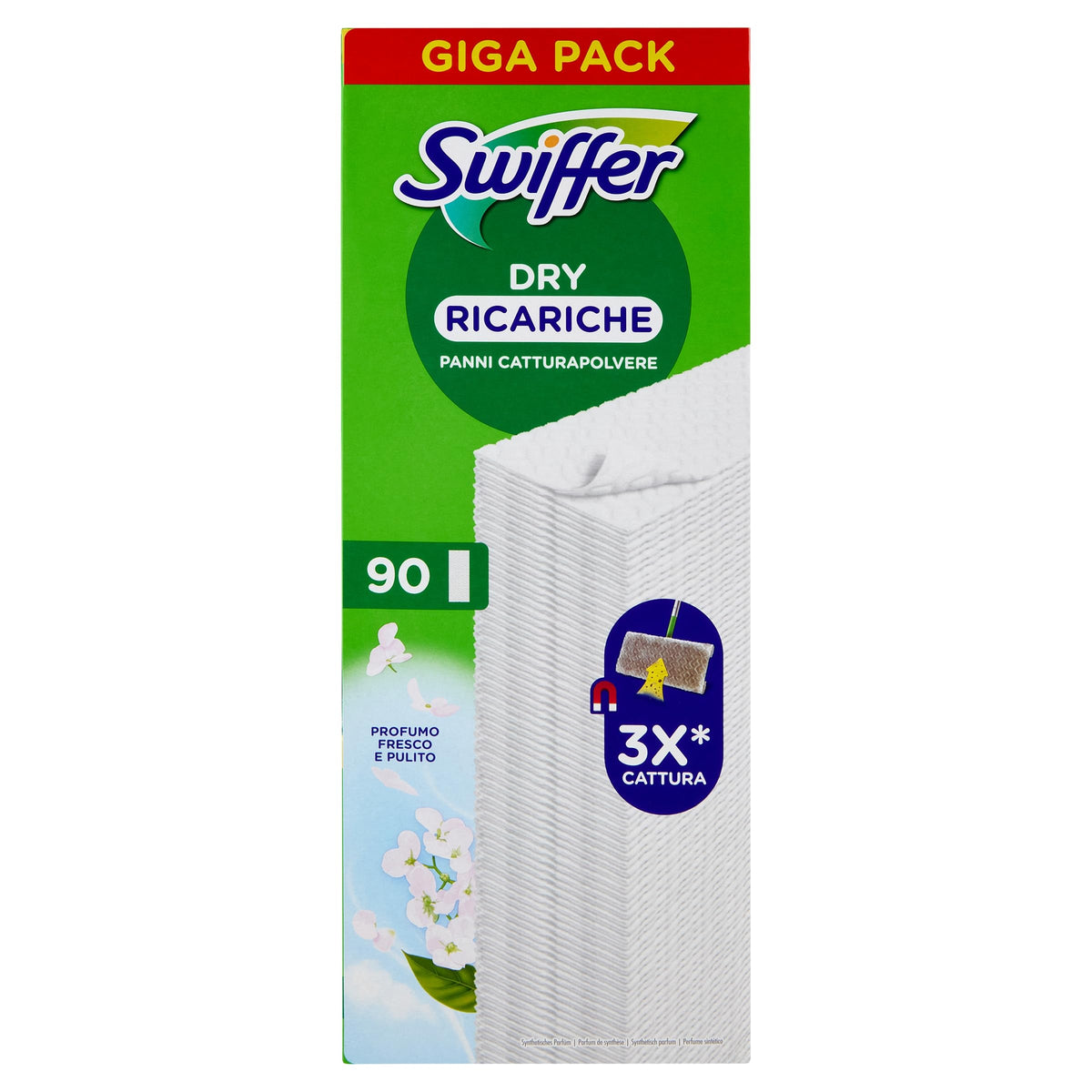 Swiffer Scopa Acchiappasogni, Ricariche Salviette Secche, 90 Unità, Profumo Febreze a lunga durata, cattura 3 volte più polvere e peli di animali, scopa venduta separatamente