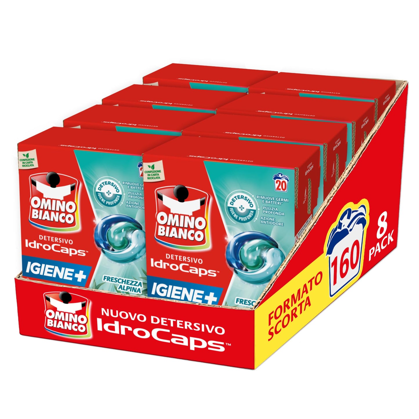 Omino Bianco Idrocaps - Detersivo Lavatrice in Capsule Igiene, 20 Lavaggi, Efficace a Basse Temperature, Profumo Freschezza Alpina, 20 Caps