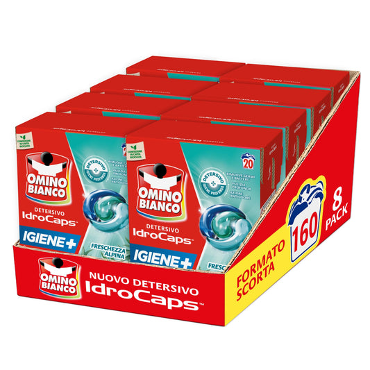 Omino Bianco Idrocaps - Detersivo Lavatrice in Capsule Igiene, 20 Lavaggi, Efficace a Basse Temperature, Profumo Freschezza Alpina, 20 Caps