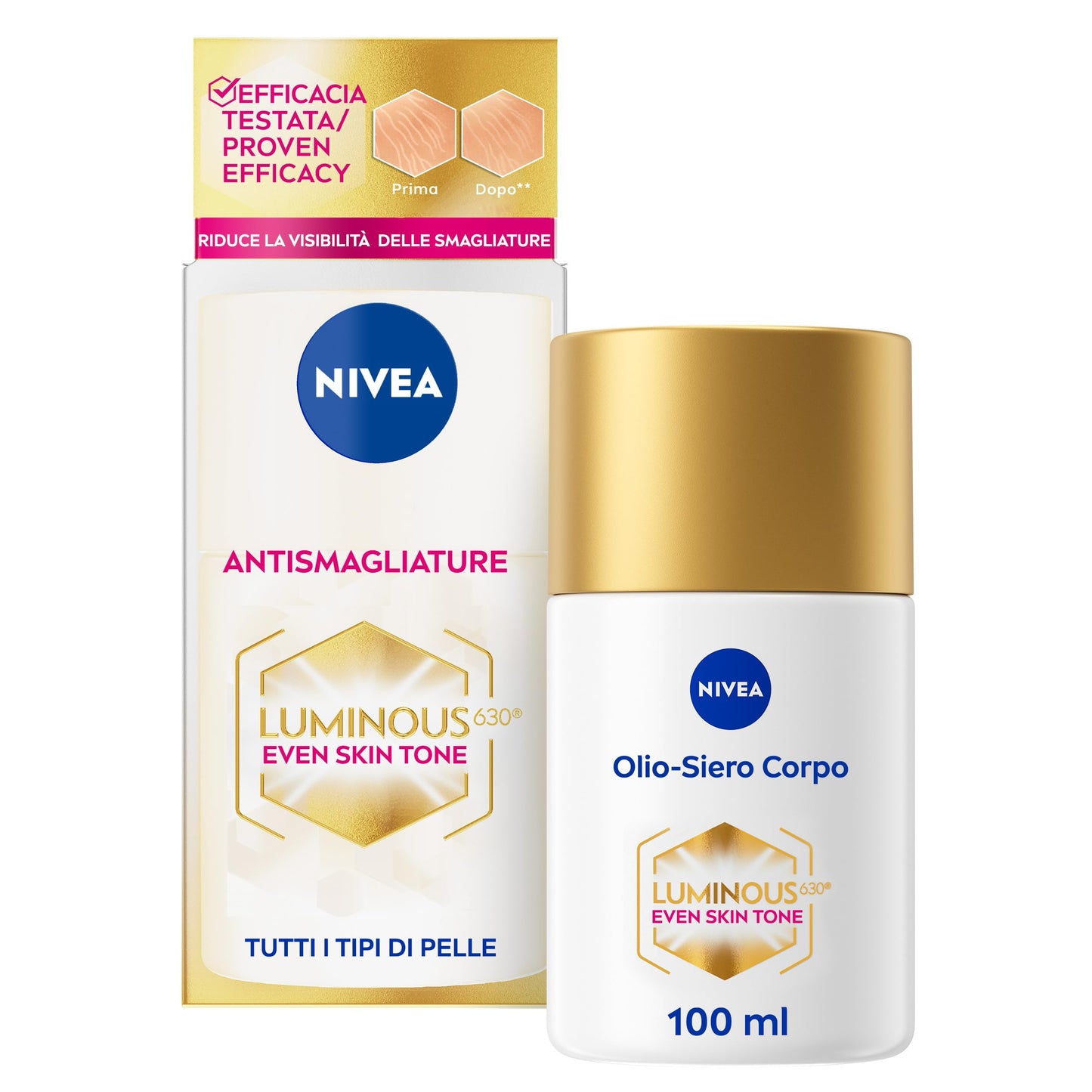 NIVEA Luminous630 Olio-Siero Corpo Antismagliature 100 ml, Olio corpo che riduce la visibilità delle smagliature, Olio smagliature per una sensazione di pelle levigata e 48h d'idratazione