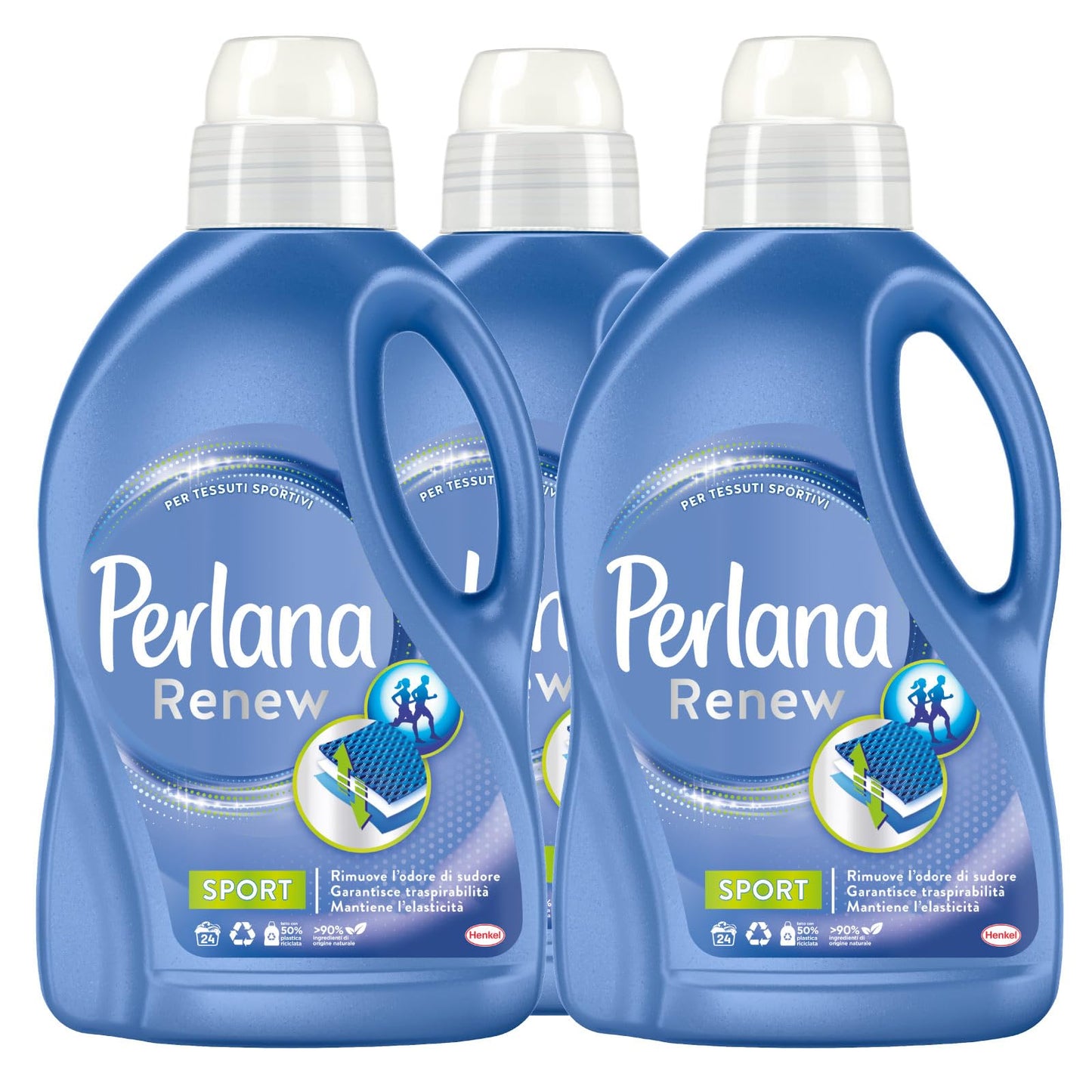 Perlana Renew Sport Detersivo Liquido per Bucato e Lavatrice Cura Attiva Elimina i Cattivi Odori per Capi Tecnici Tessuti Sportivi 24 Lavaggi - 3 Flaconi da 1,44L