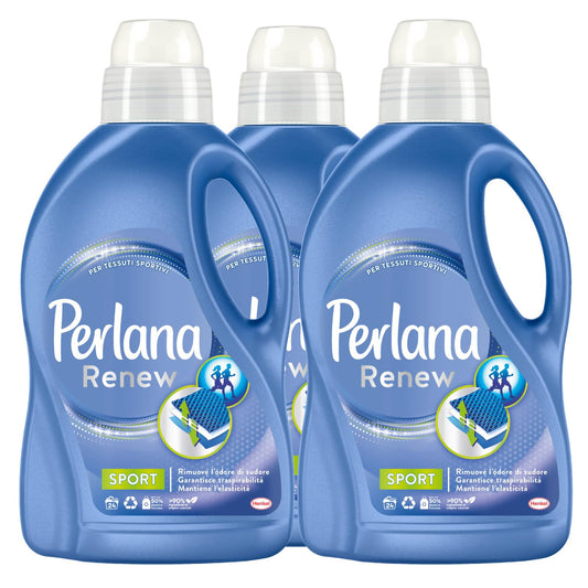 Perlana Renew Sport Detersivo Liquido per Bucato e Lavatrice Cura Attiva Elimina i Cattivi Odori per Capi Tecnici Tessuti Sportivi 24 Lavaggi - 3 Flaconi da 1,44L