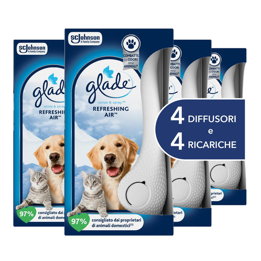 Glade Sense & Spray Profumatore per Ambienti con Olii Essenziali e Sensore di Movimento, Fragranza Refreshing Air, Elimina gli odori degli animali domestici, 4 Diffusore e 4 Ricariche, 8 Pile AA