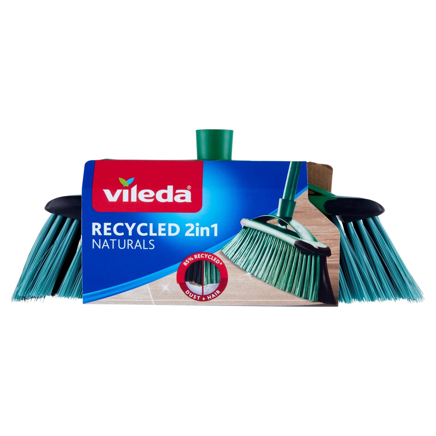 Vileda Scopa Recycled 2in1, Scopa per interni, 85% di materiale riciclato, Fibre 100% PET riciclato, Fibre nere per le polveri fini, Fibre verdi per peli e capelli, Made in Italy,Vileda Love It Clean