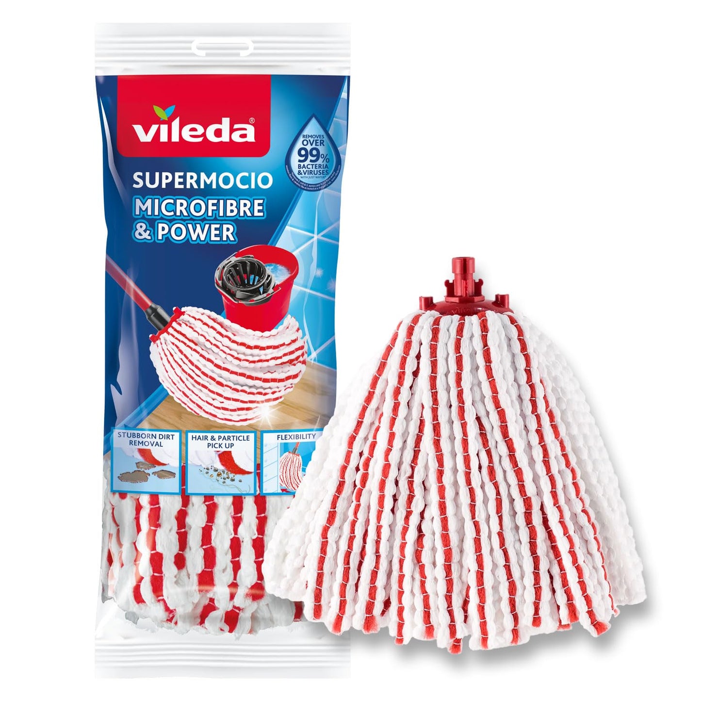 Vileda Ersatzkopf LavapavimentiMicrofibre & Power Testa di Ricambio lavapavimenti, Tessile, Rosso/Bianco, 25 x 15 cm, Tela, 25 x 15 cm
