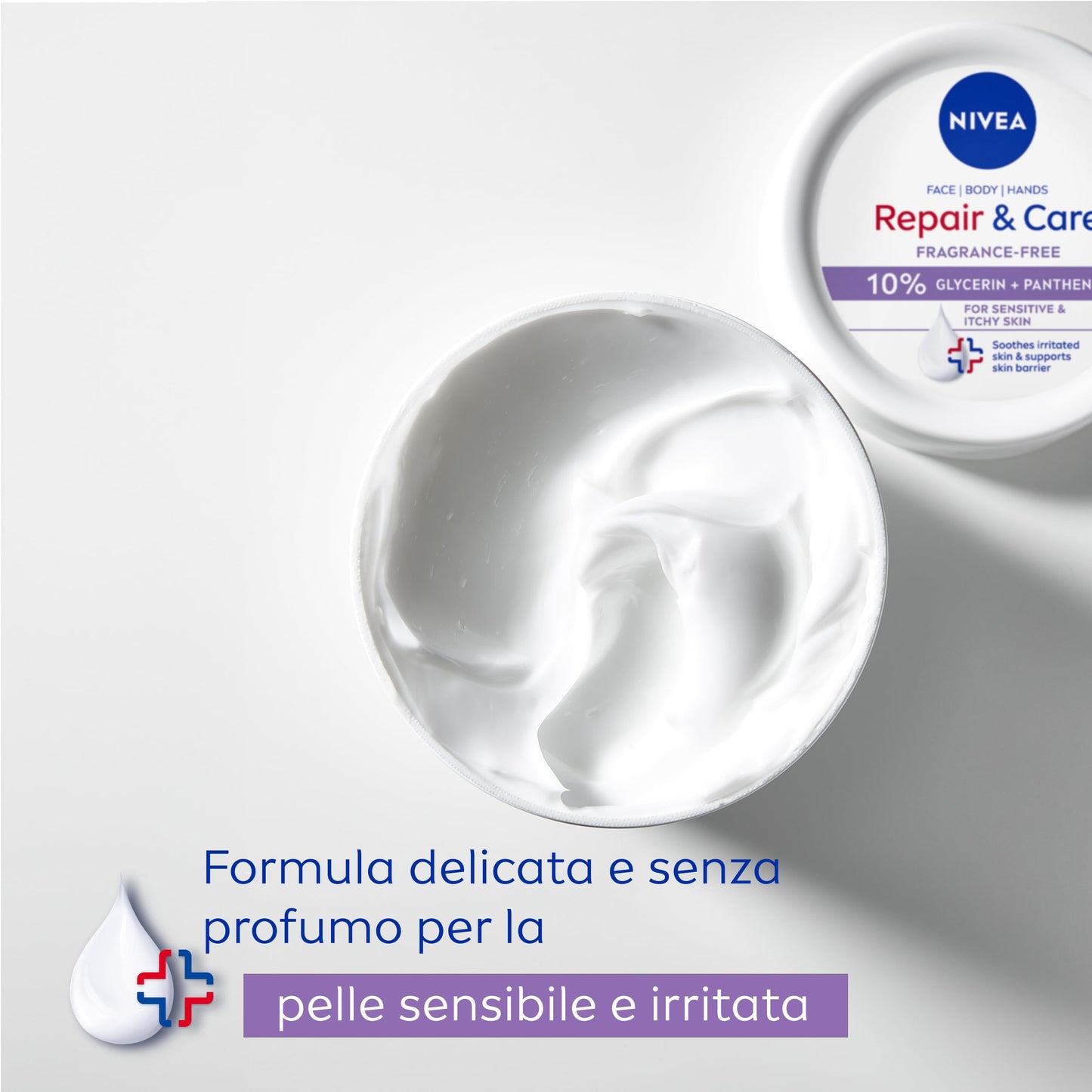 NIVEA Crema Corpo Repair & Care 400 ml, Crema multiuso senza profumo per pelle sensibile e irritata, Crema corpo, viso e mani ad assorbimento rapido arricchita con Pantenolo e Glicerina