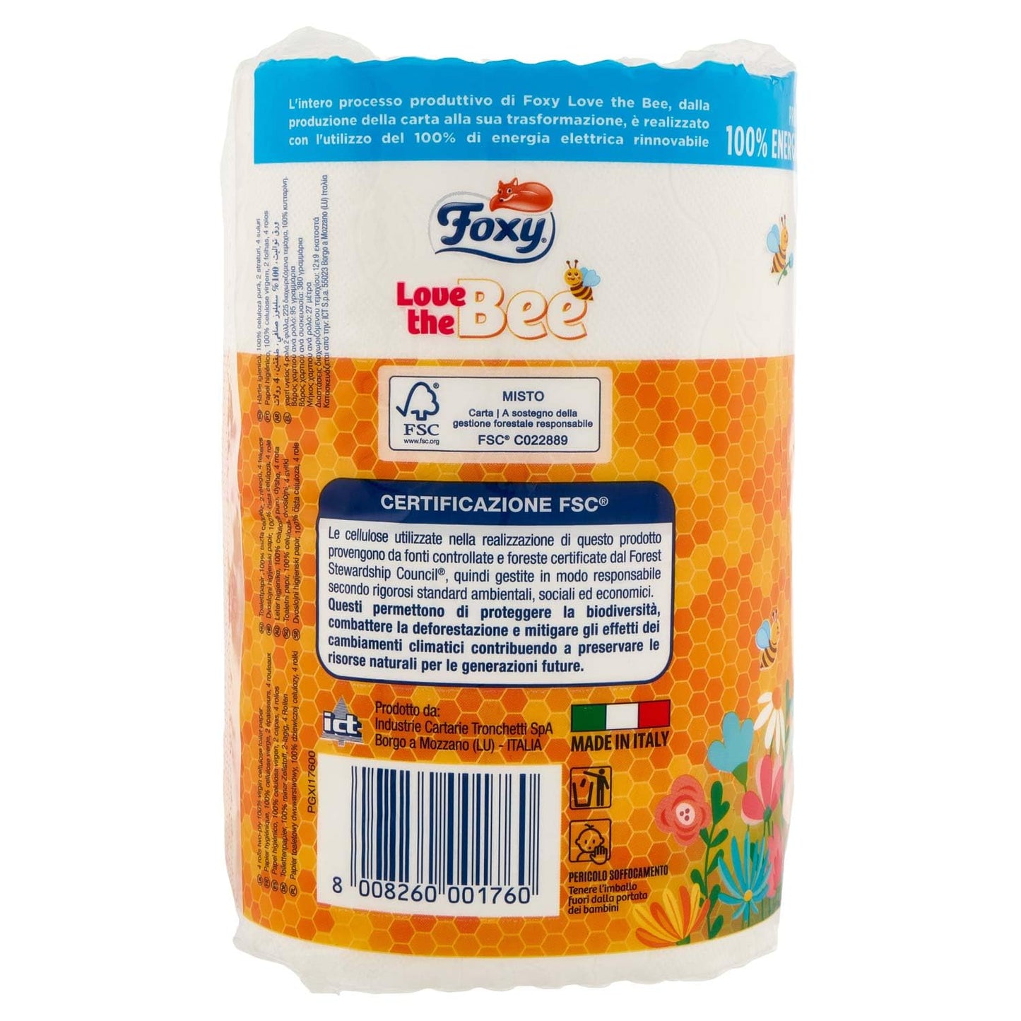 FOXY CARTA IGIENICA LOVE THE BEE 2 VELI 4 ROTOLI (8 CONFEZIONI X 4 ROTOLI = TOTALE 32 ROTOLI)