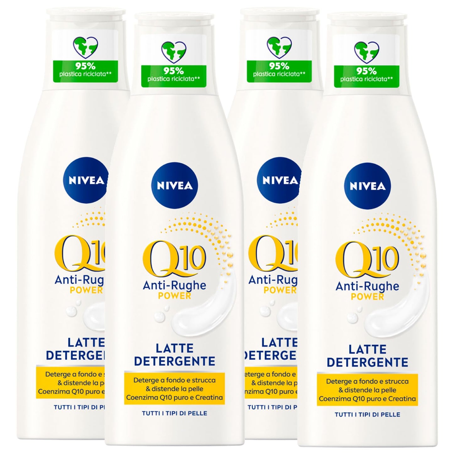 NIVEA Q10 Power Latte Detergente Viso Anti-Rughe Struccante Idratante ad Azione Anti-Età Tonificante Elasticizzante Antiossidante 48h Formula con Creatina per Pelli Sensibili - 4 Flaconi da 200ml