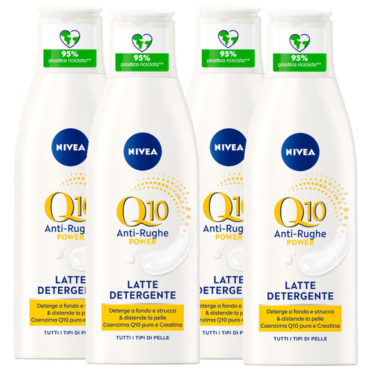 NIVEA Q10 Power Latte Detergente Viso Anti-Rughe Struccante Idratante ad Azione Anti-Età Tonificante Elasticizzante Antiossidante 48h Formula con Creatina per Pelli Sensibili - 4 Flaconi da 200ml