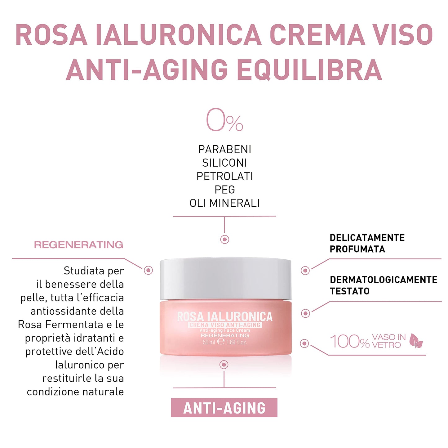 Equilibra Viso, Rosa Ialuronica Crema Viso Anti-aging a Base di Estratto di Rosa Damascena e Acido Ialuronico, Idratante e Levigante, Assorbimento Rapido, Non Unge, 50 ml