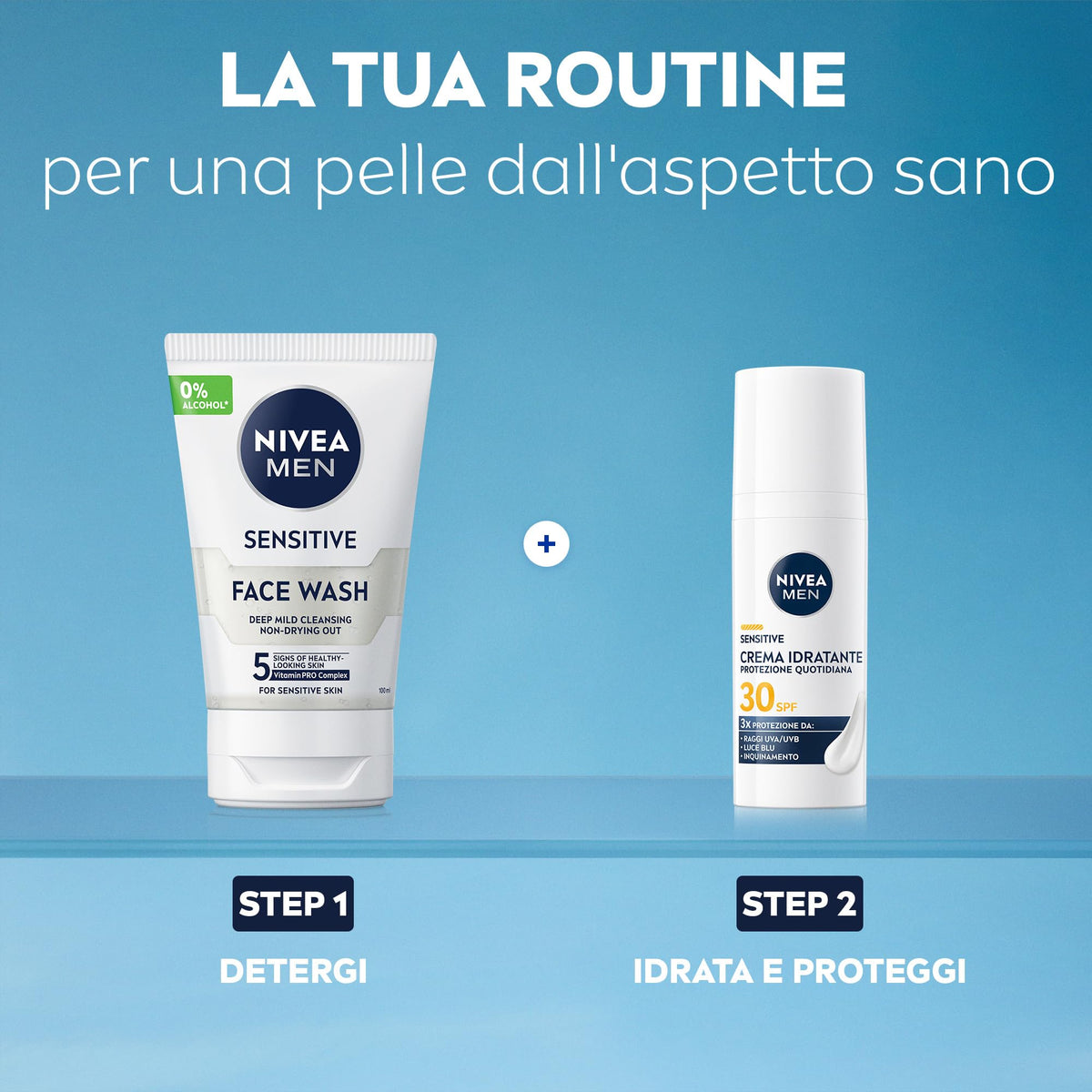 NIVEA MEN Sensitive Crema Idratante Viso Uomo Protezione Quotidiana SPF 30 50 ml, Crema viso uomo per pelli sensibili con Complesso VitaminPRO, Protegge da raggi UVA/UVB, luce blu e inquinamento