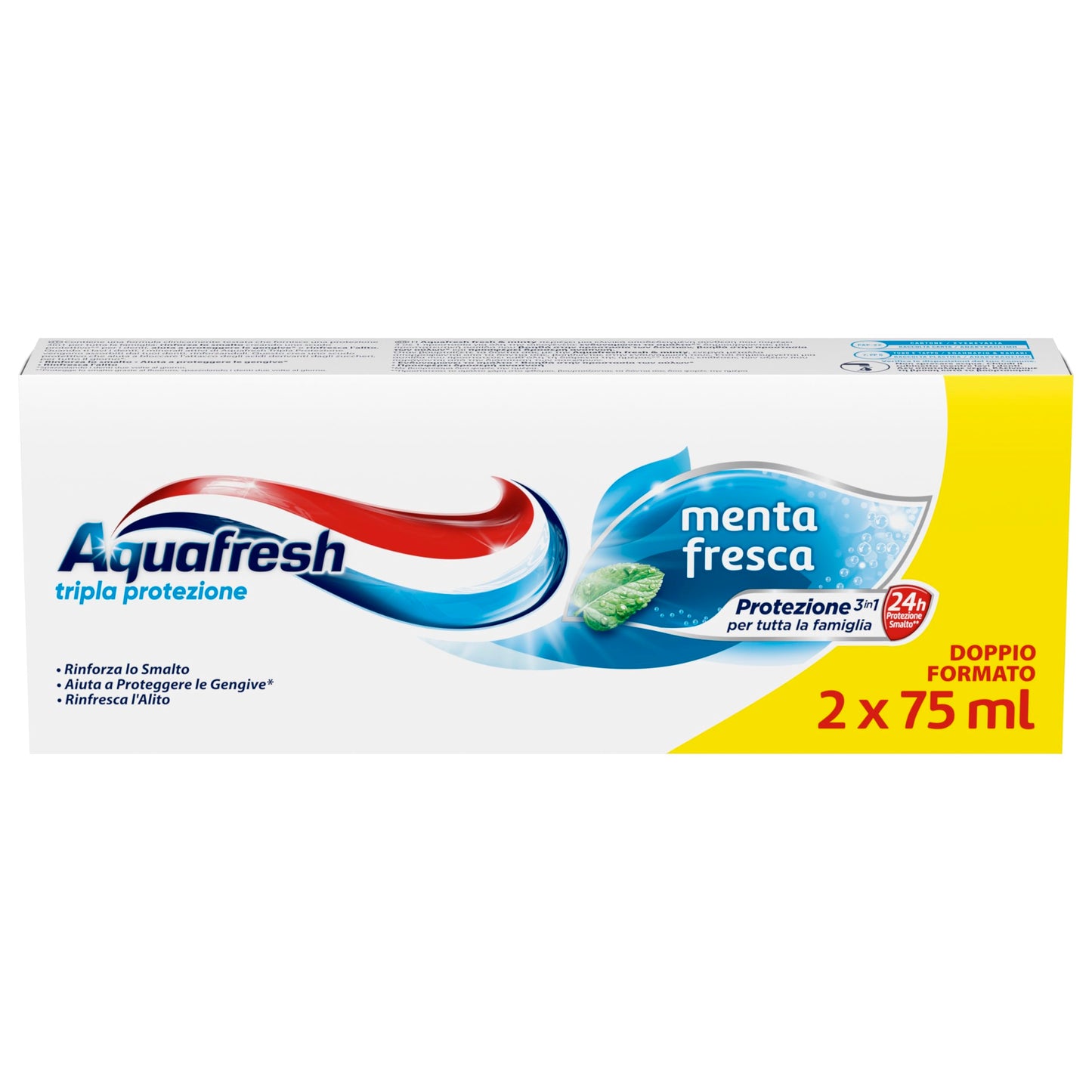Aquafresh Tripla Protezione, Dentifricio 3 in 1 per tutta la Famiglia, Denti Forti, Gengive Sane, Alito Fresco, Gusto Menta Fresca, pacco da 2 x 75ml